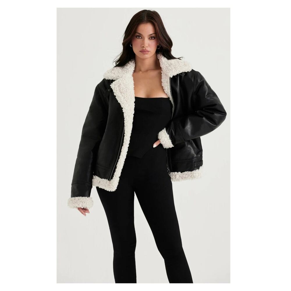 NEW HOUSE OF CB Madden Faux Leather Bomber Jacket with Faux Shearling Trim (S)